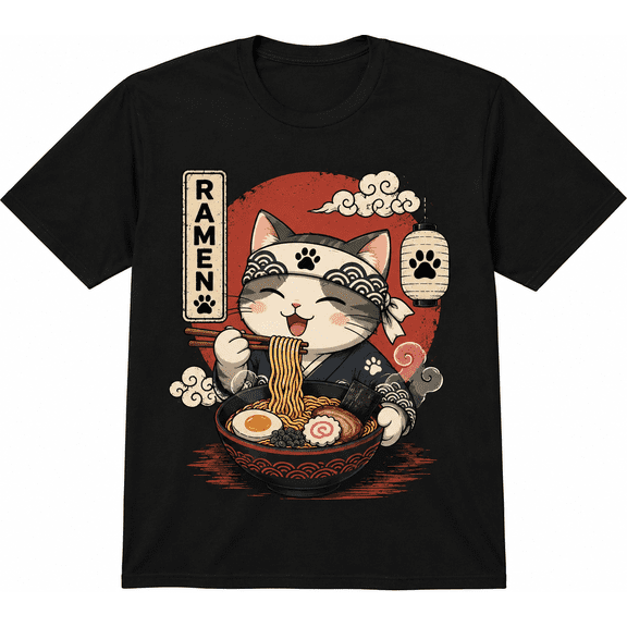[100% Cotton] Trendy Graphic Funny T-Shirt - Funny Cat Ramen Graphic Tee Japanese Kawaii Anime Cat T-Shirt - Men Women Loose Sports T-Shirt Golf Gift T-Shirt For Men And Women