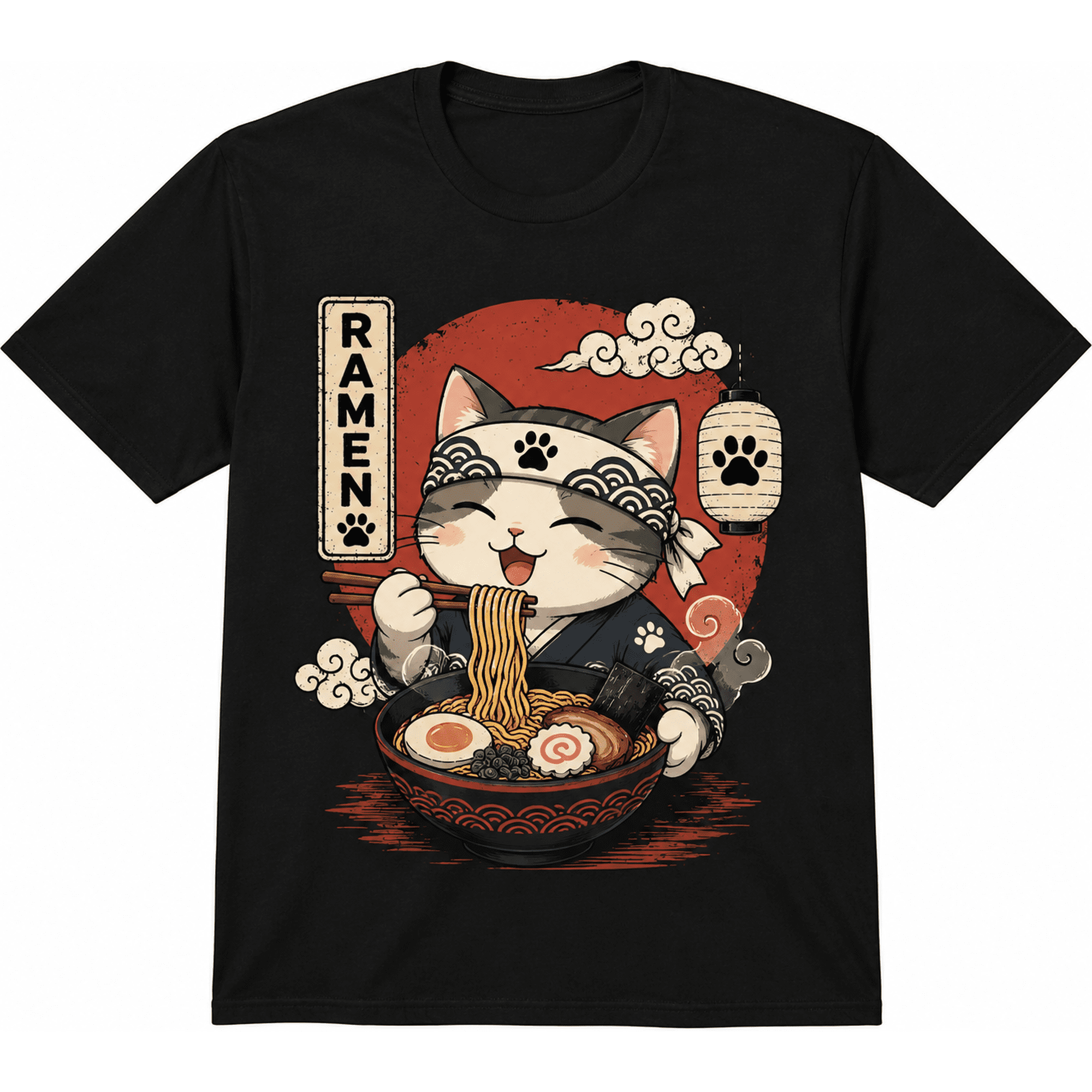 [100% Cotton] Trendy Graphic Funny T-Shirt - Funny Cat Ramen Graphic Tee Japanese Kawaii Anime Cat T-Shirt - Men Women Loose Sports T-Shirt Golf Gift T-Shirt For Men And Women