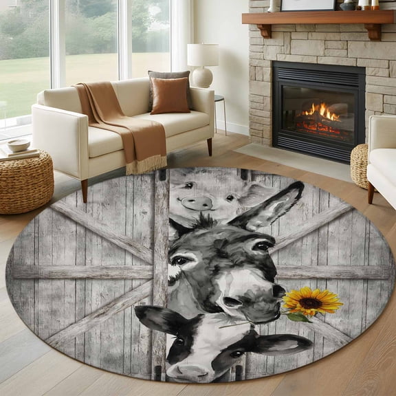 Round Rugs 6Ft, Funny Farm Animals Round Area Rug Washable Indoor Throw Carpet, Vintage Barn Grey Sunflowers Soft Non Slip Circle Rug for Office Cabinet Home Decor Aesthetic