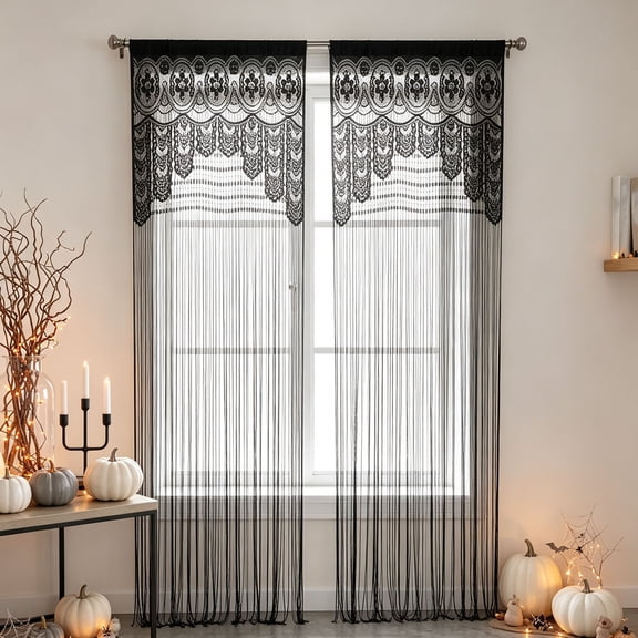Halloween Black Lace Curtains, Vintage Gothic Window Curtains with Long Fringe, Light Filtering, Privacy & Rod Pocket Drapes for Halloween Party Bedroom Living Room Decor,78.7 x 39.3 Inch