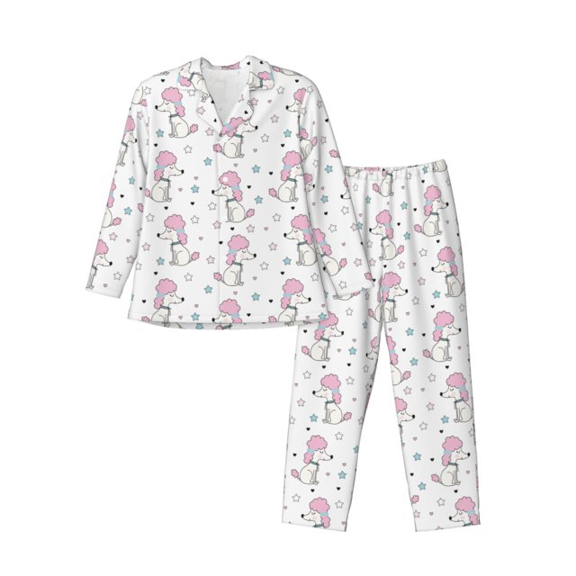 Fotbe Cute Poodle Dog Pijama de Hombre con Estampado de Manga Larga, Conjunto de 2 Piezas, Ropa de Dormir Suave y Cómoda con Bolsillos-Medium
