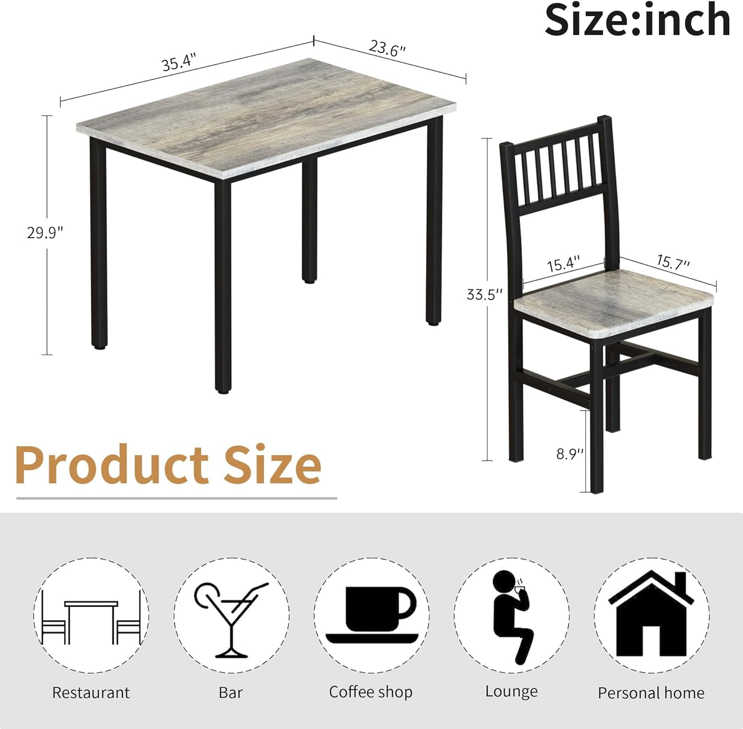 Lamerge 3 Piece Dining Table Set, Rustic Kitchen Table and Chairs Set, Thickened Solid Wood Carbon Plate, Breakfast Table Set for Small Spaces, Dining Room, Kitchen, Rustic Gray