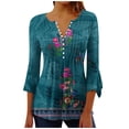 thumbnail image 1 of Pompotops Women's Casual Trumpet 3/4 Sleeve Printed Buttoned Basic Ruched Tops Pleated T-shirts Blouses Clearance, 1 of 5