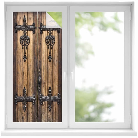 Rustic Wooden Door Window Privacy Film, Brown Black Farmhouse Country Vintage Static Cling UV Sun Blocking Heat Control Window Tint, Non-Adhesive One Way Windows Privacy Cover 17.7''x39.3''