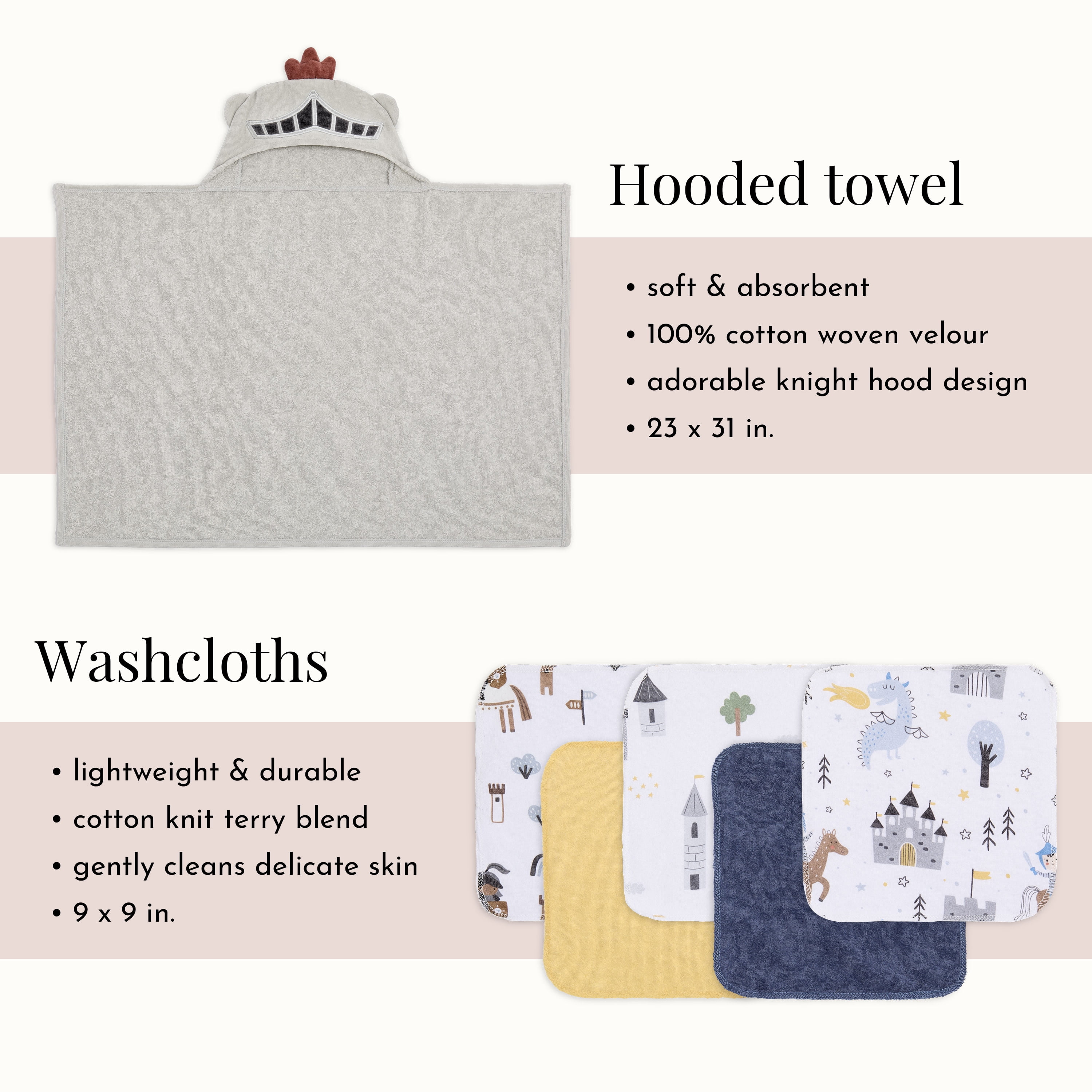 volur Good Knight 6 pc Gift Set - Hooded Towel & 5pc Wash Cloths, Knight Print