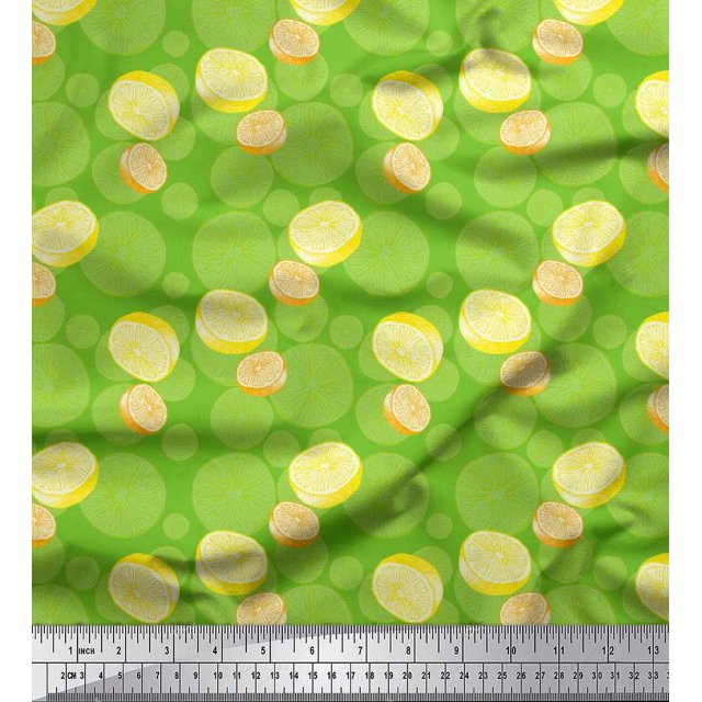 Soimoi Green polyester Crepe Fabric Lemon Slice Vegetable Print Fabric by Yard 52 Inch Wide