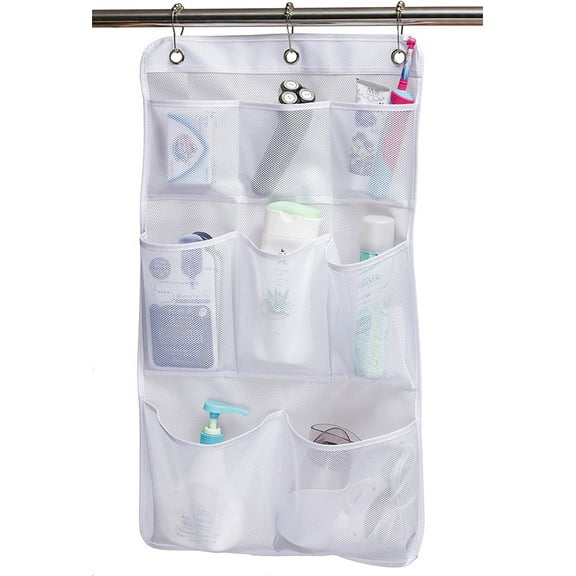 NOGIS Shower Curtain Bathroom Organizer -8 Pockets- Perfect for Organizing Your Home Bath. Organize Your Toiletries and kid’s Toys in Durable Deep Mesh Pockets. 3 Curtain Rings.