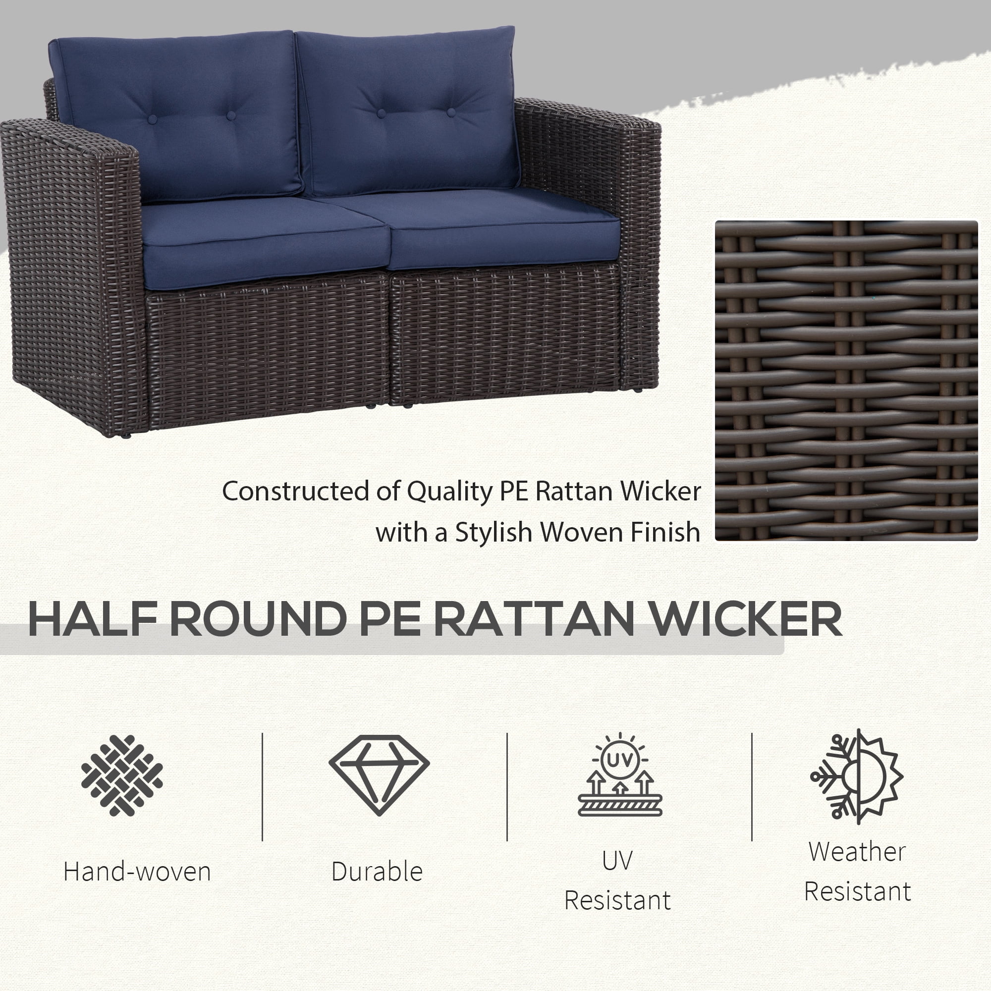 Outsunny 2 Piece Patio Wicker Corner Sofa Set, Outdoor PE Rattan Furniture, with Curved Armrests and Padded Cushions for Balcony, Dark Blue