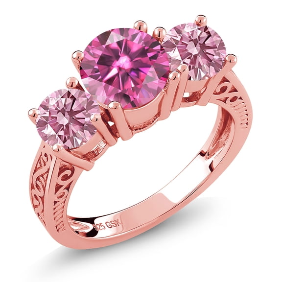 Gem Stone King 18K Rose Gold Plated Silver 3-Stone Ring Round Pink Moissanite and Lab Grown Diamond Pink (2.20 Cttw, Size 5)