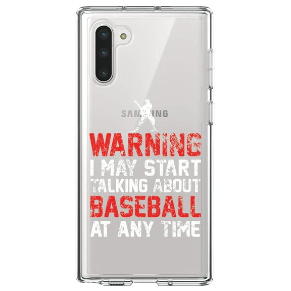 DistinctInk Clear Shockproof Hybrid Case for Samsung Galaxy Note 10 (6.3" Screen) - TPU Bumper Acrylic Back Tempered Glass Screen Protector - Warning May Start Talking Baseball