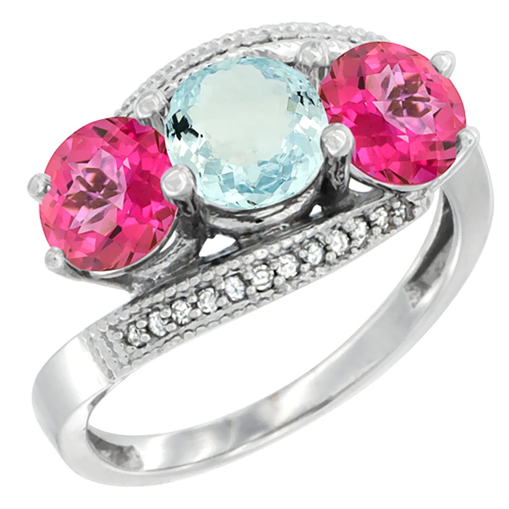 14K White Gold Natural Aquamarine & Pink Topaz Sides 3 stone Ring Round 6mm Diamond Accent, size 5.5 by Gabriella Gold