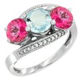 thumbnail image 1 of 14K White Gold Natural Aquamarine & Pink Topaz Sides 3 stone Ring Round 6mm Diamond Accent, size 8.5, 1 of 2