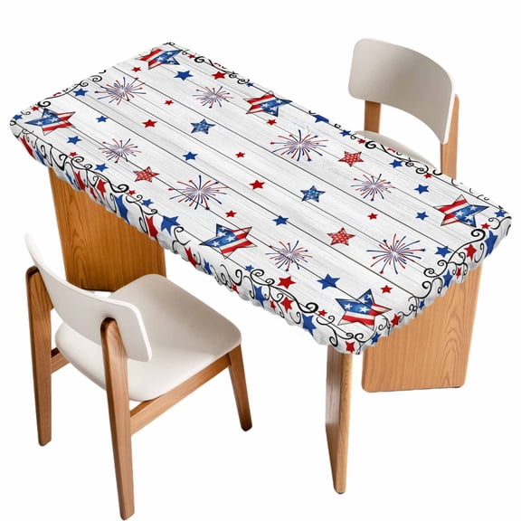 Independence Day Table Cloths for 5 Foot Rectangle Tables, Red Blue Star Firework Wooden Grain Patio Waterproof Elastic Fitted Tablecloths, Washable Rectangular Table Cover for Camping