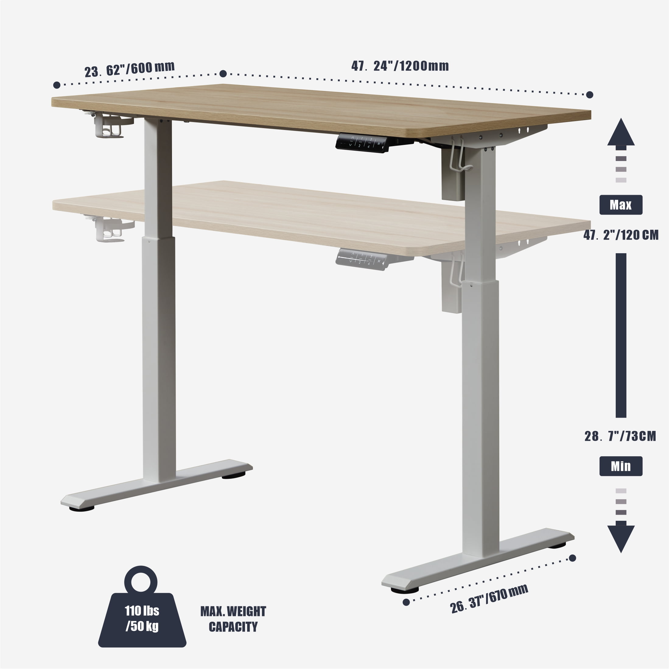 KOWO 55" K304 Electric Height Adjustable Standing Desk with Hutch and Drawer, Natural/White