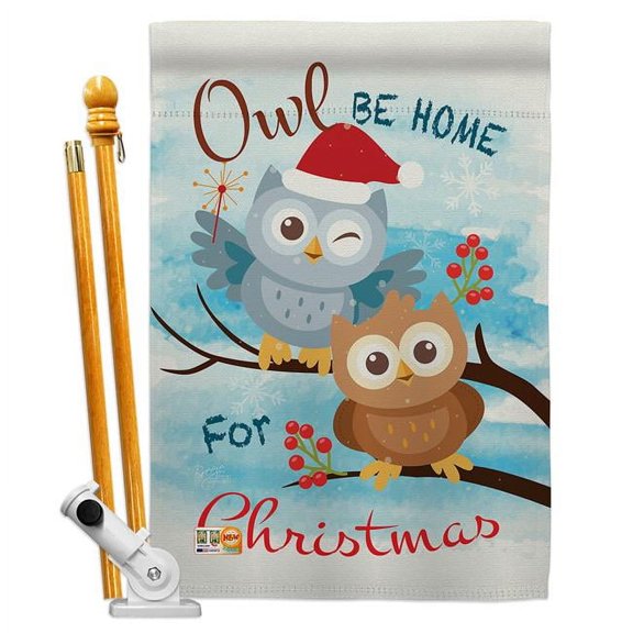 Breeze Decor BD-XM-HS-114004-IP-BO-D-US15-BD 28 x 40 in. Owl Xmas Winter Christmas Impressions Decorative Vertical Double Sided House Flag Set with Pole Bracket & Hardware