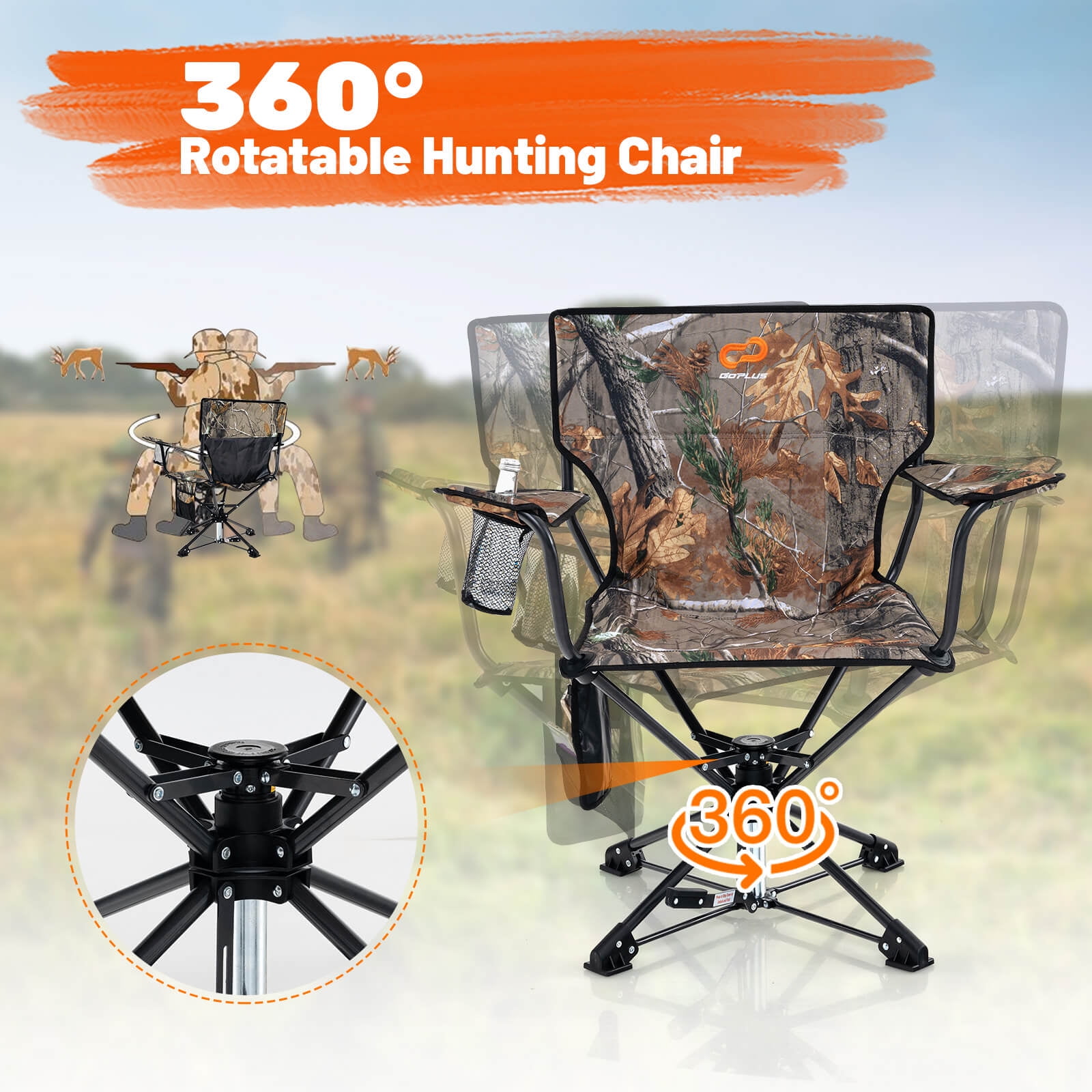 Goplus 360 Swivel Hunting Chair with Mesh Cup Holder Storage Pockets Cozy Backrest Camo Walmart