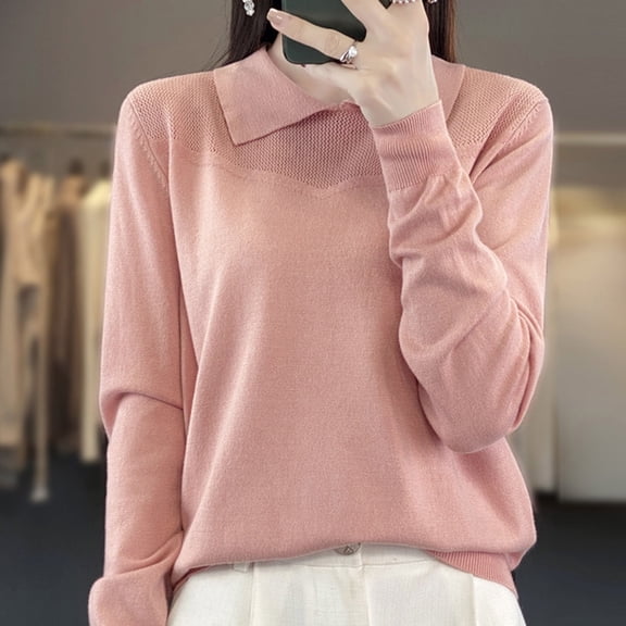 Juslio Women Sweaters Pullovers Women Tops Solid Peak lapel Long Sleeve Knit Pink