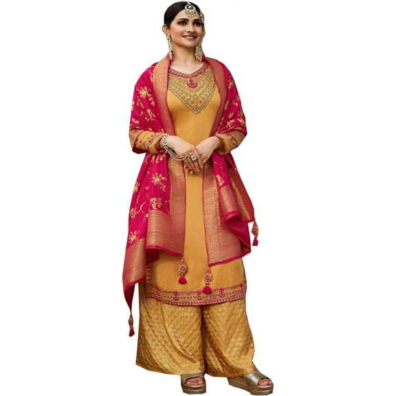 Ramdan Special Indian Pakistani Designer Stitched Shalwar Kameez Palazzo Suits ( Yellow, S - 38 )