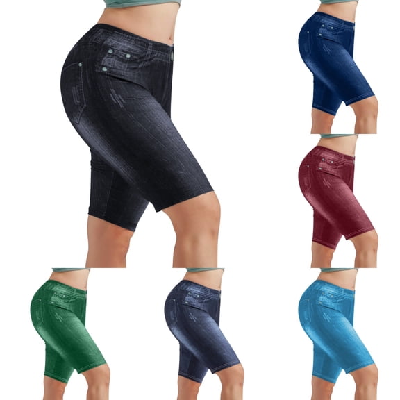 KHONTS Women's Bermuda Shorts Pull on Knee Length Stretchy Jean Leggings Sky Blue XL