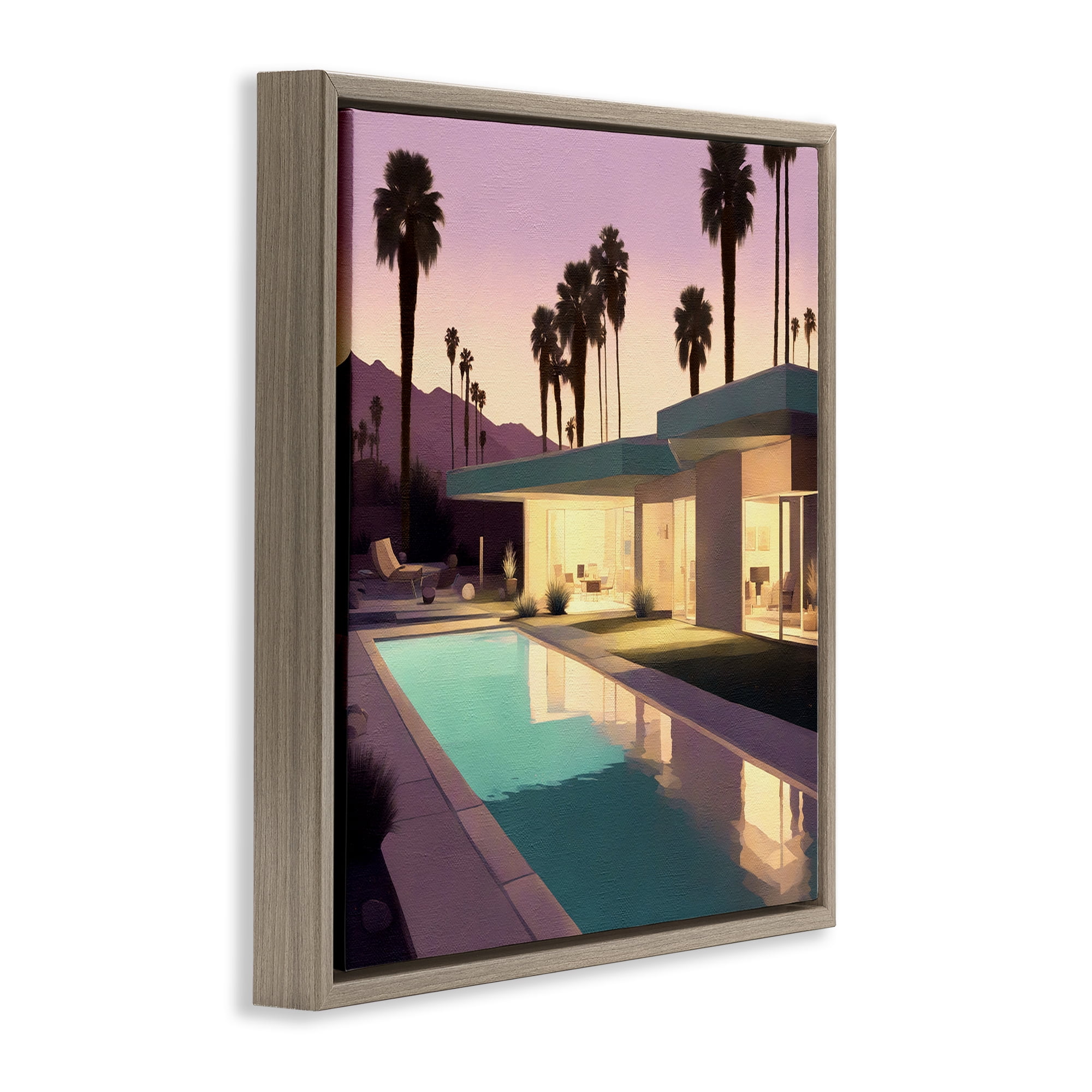 Stupell Industries Palm Trees & Pool Villa Landscape & Nature Painting Brown Floater Framed Canvas Art Print Wall Art, 18 x 18