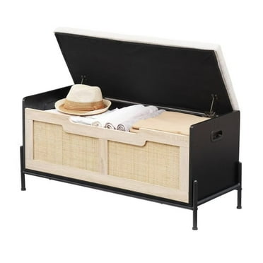 Rattan Storage Bench with 2 Safety Hinges, Toy Chest Organizer, Entryway Storage Bench with Soft Cushion, Holds 260 lb, Oak & Black