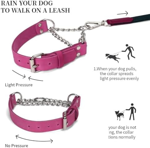 Martingale Collar for Dogs No-Pull Adjustable Training Collar with Stainless Steel Chain - Genuine Leather Anti-Slip Design for Small,Medium,Large Breed Dogs - Pink (S)