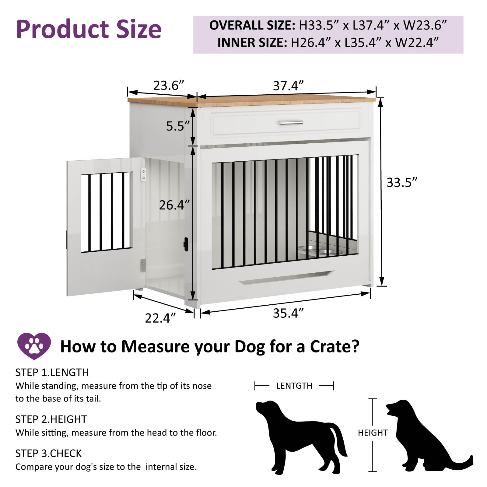 Whifea 37.4'' Large Dog Crate Furniture with Flip-up Door, 360° Rotating Feeder, Furniture Style for Large Dogs, White