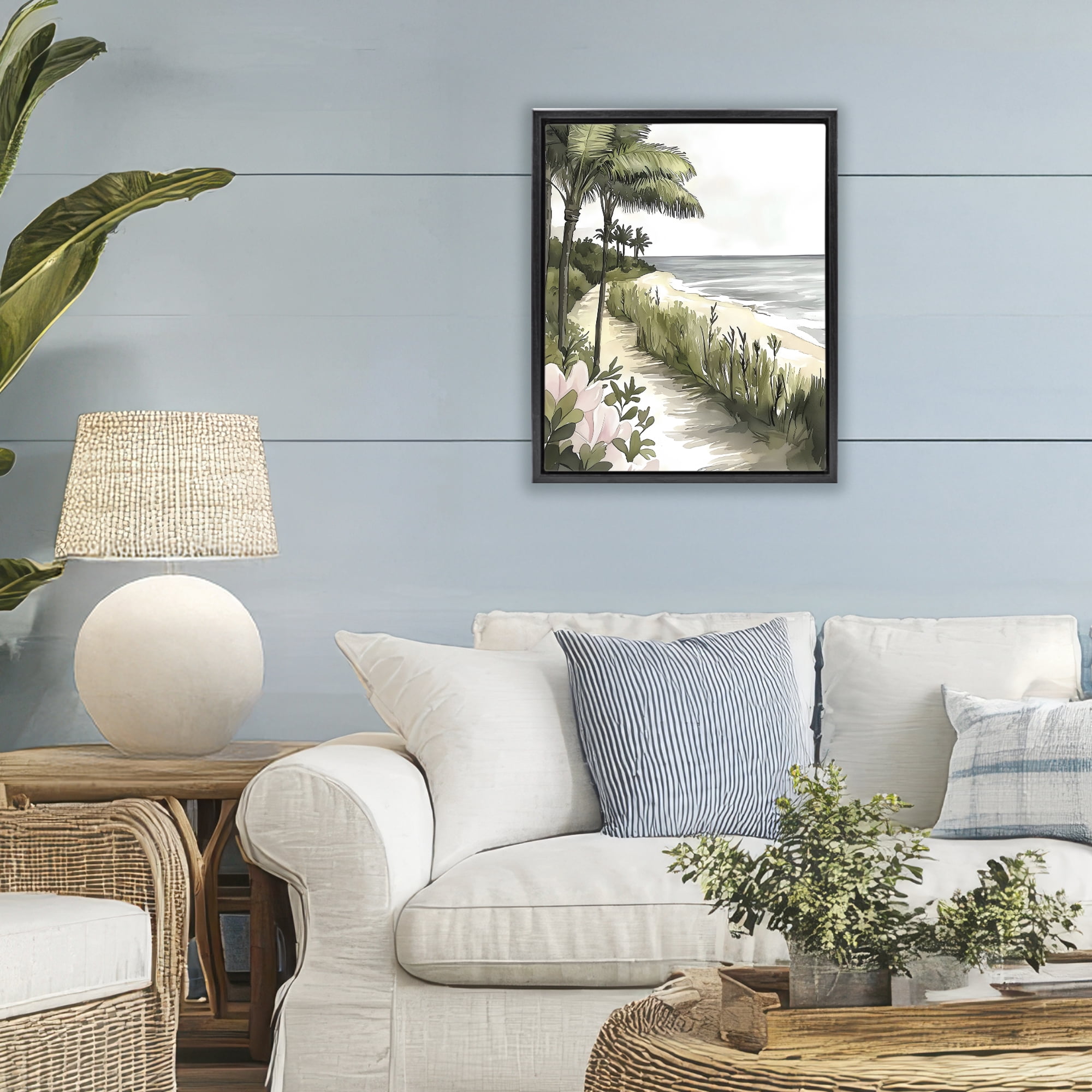 Stupell Industries Coastal Calm Palm Tree Pathway Black Framed Floater Canvas Wall Art, design by Riley B