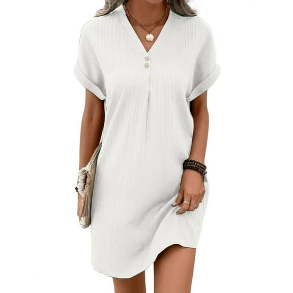 Women Button Down Shirt Dresses Summer Cotton Linen Dress V-Neck Mini Dress Casual Short Sleeve Loose Tunic Dresses White S