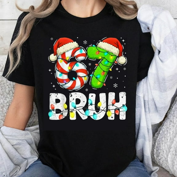 100% Cotton Christmas 67 Bruh Candy Cane And Peppermint Design Holiday T-Shirt For Women Men Funny Xmas Gift Top