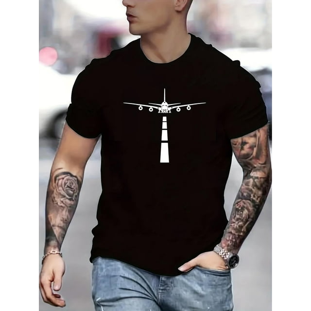 Camiseta de verano de manga corta para hombre: suave y elástica con diseño geométrico de avión, cuello redondo, corte informal para adultos, hombres, mujeres, adolescentes, jóvenes y ocio.