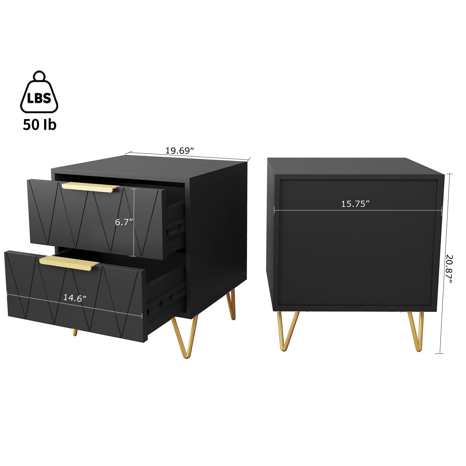 Behost Black Nightstand for Bedroom,Modern 2 Drawer Nightstand Bedside Table with Storage,2 Pack