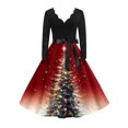 thumbnail image 2 of Women's Fashion Elegant Autumn and Winter Long Sleeve V-Neck Christmas Print Dress for Holiday Parties and Casual Wear, Stylish Women's Seasonal Dress,Vermilion,M, 2 of 5