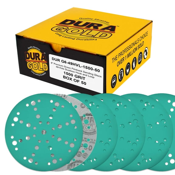 Dura-Gold Premium 1500 Grit 6" Green Film Sanding Discs, 49-Hole Pattern, Box of 50 - Heavy-Duty Dustless Hook & Loop Backing Sandpaper for DA, Random Orbital Sander, Detail Color Sand Auto Paint Wood