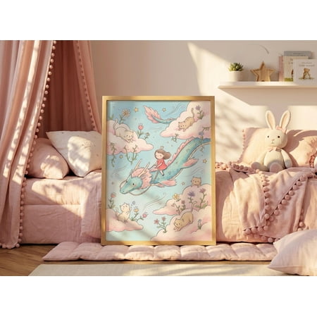 Whimsical Dragon Print, Pastel Nursery Wall Art, Unframed Paper Poster 8x10in