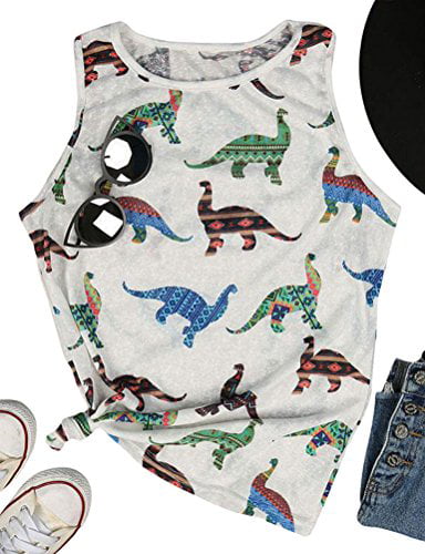 ZJP Women Summer Casual Colorblock Tank Tops Dinosaur Print Shirt Tee Party Funny Tee Shirt