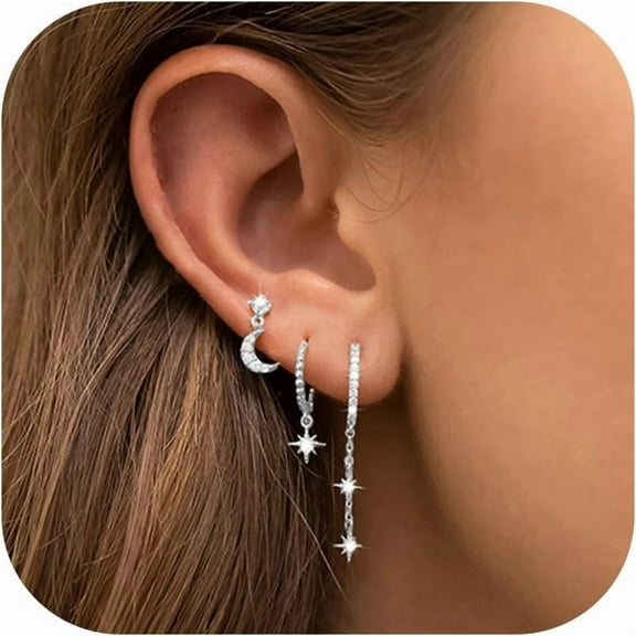 3Pairs Earrings Set for Women Silver Moon Star CZ Butterfly Green Dainty Stud Hoop Earrings for Three Holes Earrings Stack