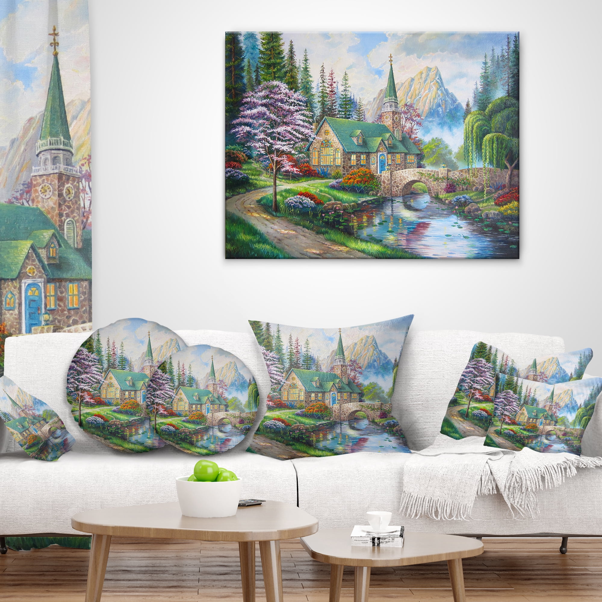 Designart Church in Forest Oil Painting - Landscape Painting Throw Pillow - 16x16