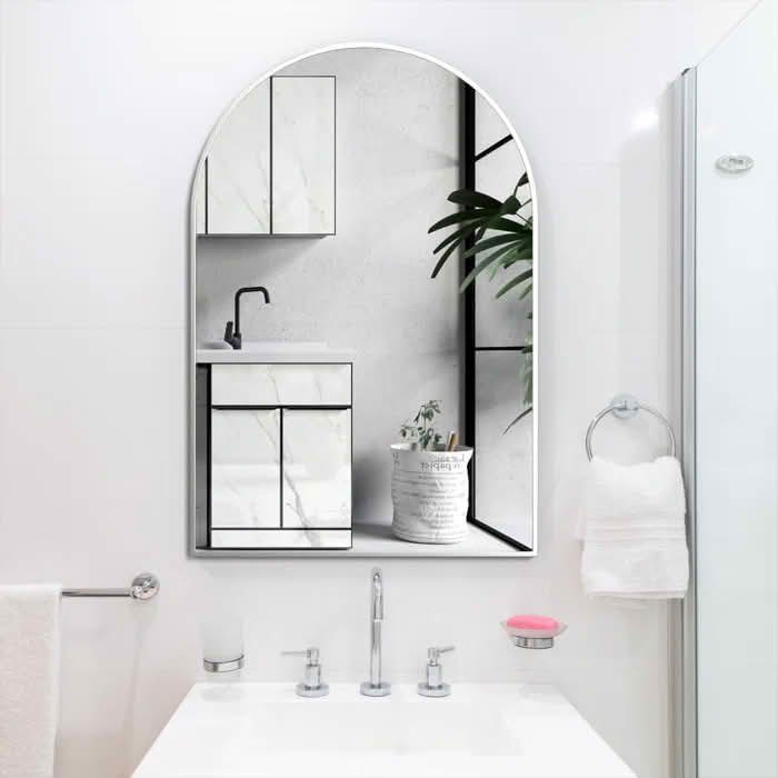 MAYEERTY 20x30 Inch Silver Metal Framed Arched Bathroom Wall Mirror, for Home Bathroom Use