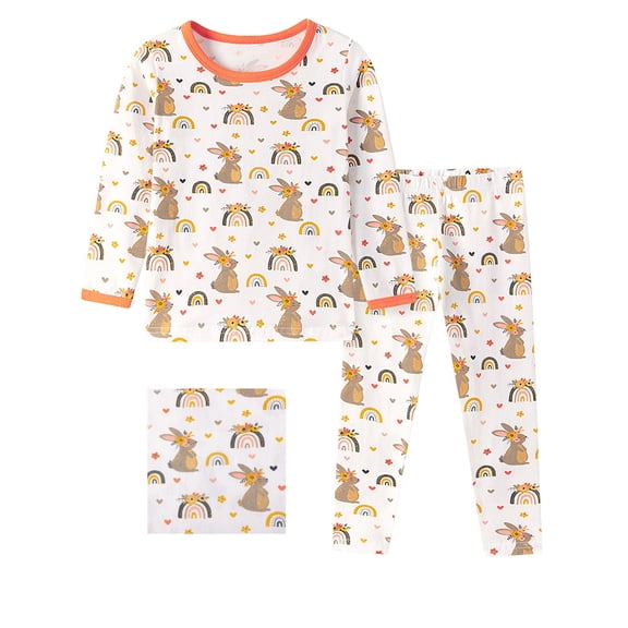 WIBACKER 2-7 Years Toddler and Little Girls' Long Sleeve Pajamas Set Cotton Top and Pants 2 Piece Sleepwear Pjs - Rainbow Rabbit