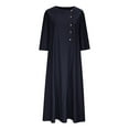 thumbnail image 5 of VSSSJ Womens 3/4 Sleeve Button Front Cotton Linen Dresses Summer Loose Solid Color Casual Crew Neck Pockets Flowy Long Maxi Dress Dark Blue L, 5 of 6