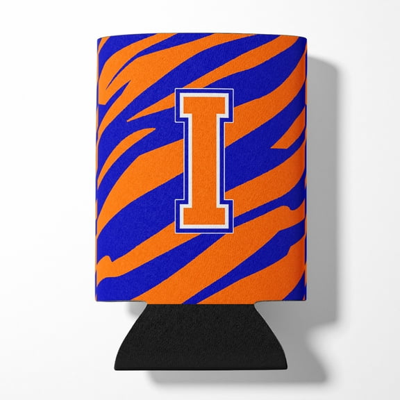 Letter I Initial Tiger Stripe - Blue Orange Can or Bottle Hugger