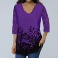 thumbnail image 2 of LEAVINGSUO 2023 Fall Womens Tops Plus Clearance Women's Lace 3/4 Sleeve V Neck T Shirt Ladies Floral Blouse Tunic Tops Plus Size, 2 of 5