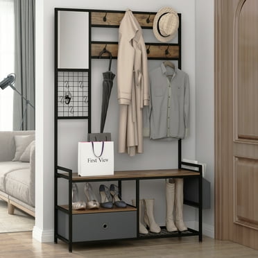 NAIYUFA Entryway Hall Tree with Mirror Hooks Drawer Side Bag Vintage Brown