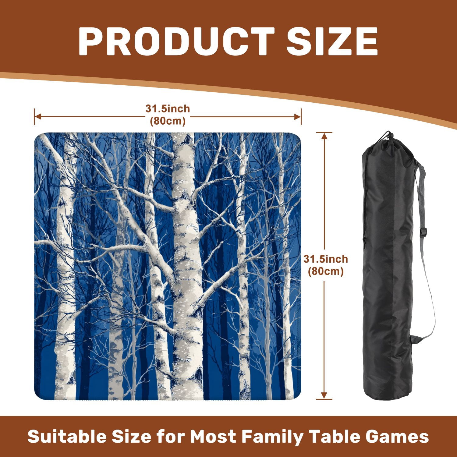 Mahjong Mat 31.5" x 31.5" seamless horizontal trees birches Black white Non-Slip Noise Reduction American Mahjong Tiles Table Cover for Dominoes Poker Card Board Games Gift
