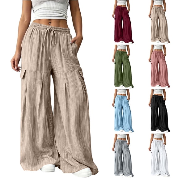 Zulora Women's High Waisted Barrel Pants Textured Knit Wide Leg Trousers with Drawstring & Pockets