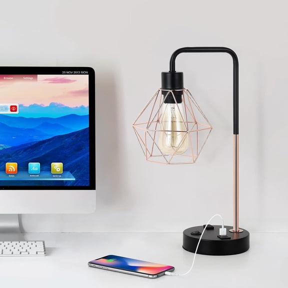 Industrial Edison Desk Lamp with Dual USB Charging Ports & AC Outlet – Vintage Rustic Table Lamp for Bedroom, Office, Living Room