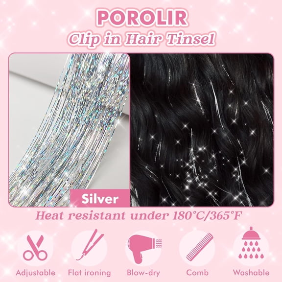 WEIF-Clip in Hair Tinsel, 6Pcs Glitter Fairy Tinsel Hair Extensions 20 Inch Shiny Hair Tinsel Heat Resistant, Sparkly Strands Hair Accessories, Festival Gift for Women Girls Kids (Silver)