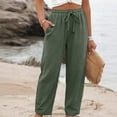 thumbnail image 2 of Linen Pants Women Elastic High Waisted Drawstring Wide Leg Linen Pants Lounge Solid Color Beach Pant with Pockets, XL, 2 of 6