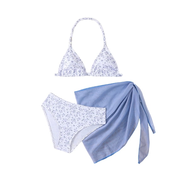 Lullu Girls Floral Halter Bikini Swimsuit with Cover up Bathing Suit, 3-Piece, Sizes 7-12